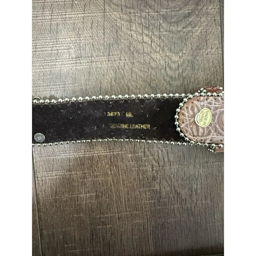 Rhinestone Western Belt Skull Brown Silver Clear Stone Unisex Size M New Leather